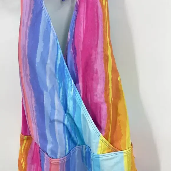 NEW RACHEL Rachel Roy One Piece Swim Suit Swimwear XL Rainbow Halter Wrap - Picture 4 of 10